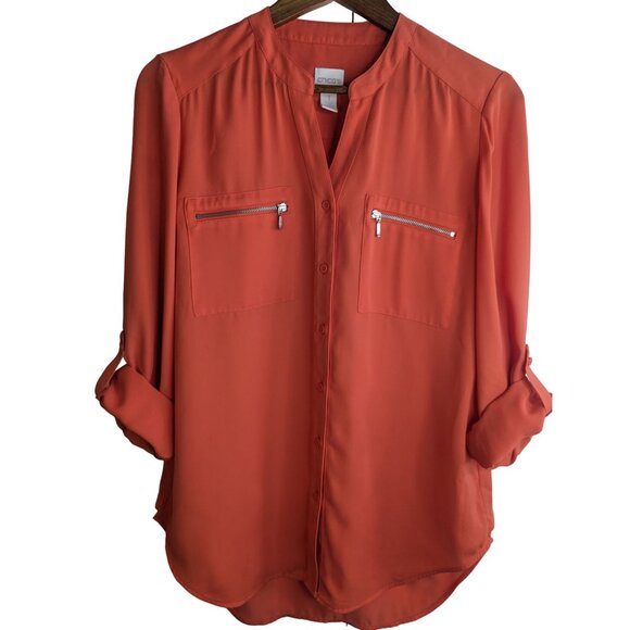 Chico's Zip Pocket Button-UP Campbell Blouse Roll-Tab Sleeves Semi Sheer Sz M - Picture 5 of 10